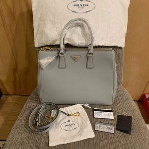 Authentic Prada Galleria Saffiano Lux Large shoulder bag tote light gray
